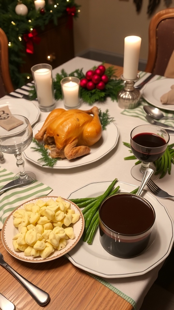 A festive Christmas dinner table for two with roasted chicken, mashed potatoes, green beans, and chocolate mousse.